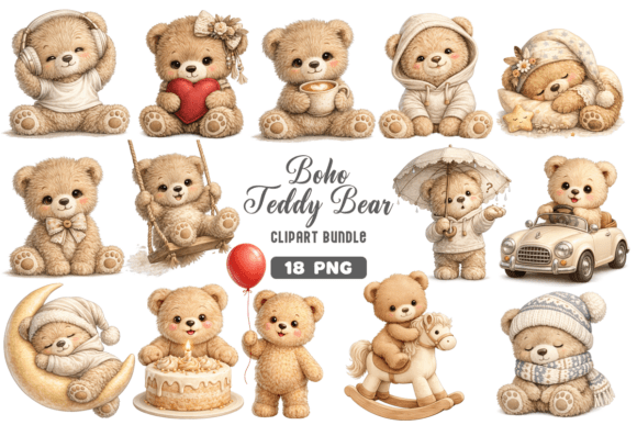 Download Boho Teddy Bear Baby Clipart PNG Bundle - Baby clipart Collection